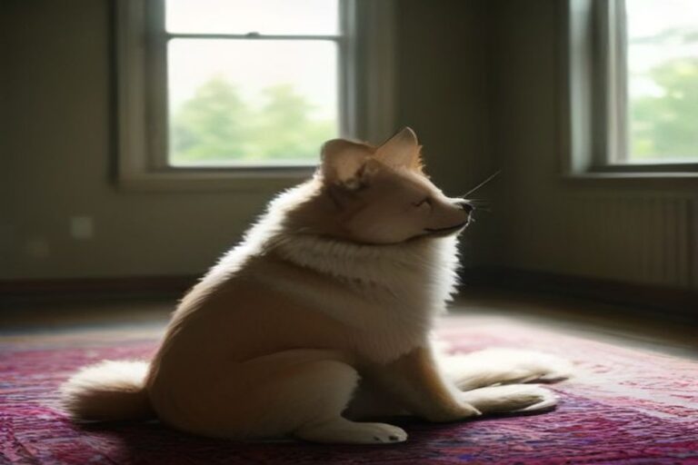 A dog scratching behind its ear on a living room rug