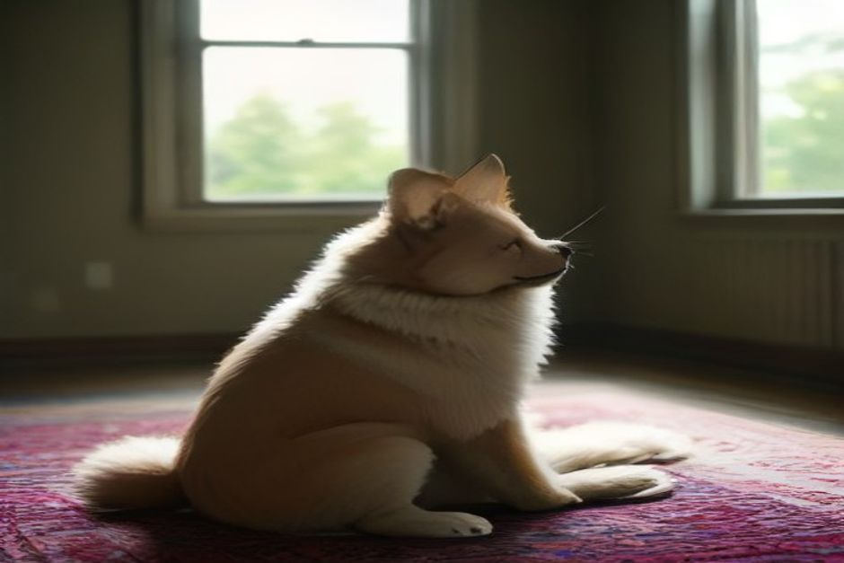 A dog scratching behind its ear on a living room rug