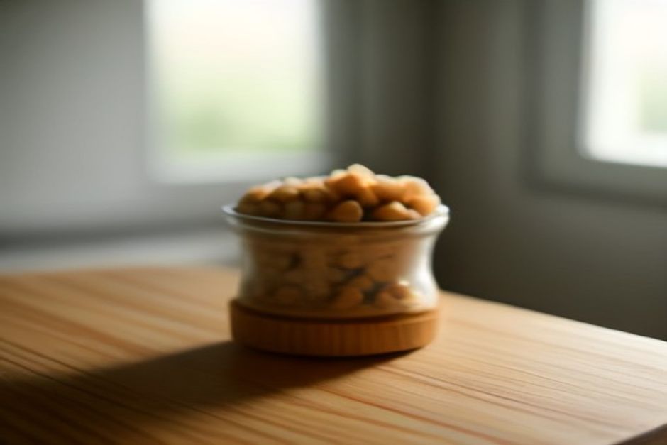 Freeze-dried dog food nuggets in a bowl beside a measuring scoop