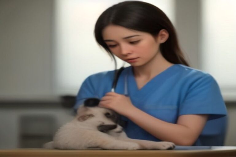 A veterinarian examining a small puppy on a clinic table