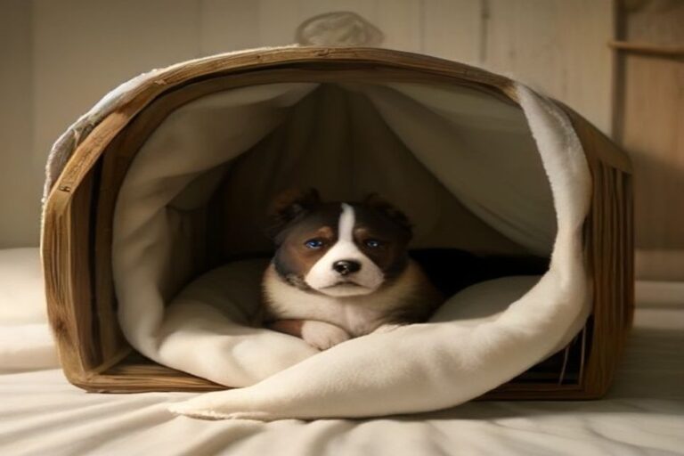 A puppy in a partly covered crate