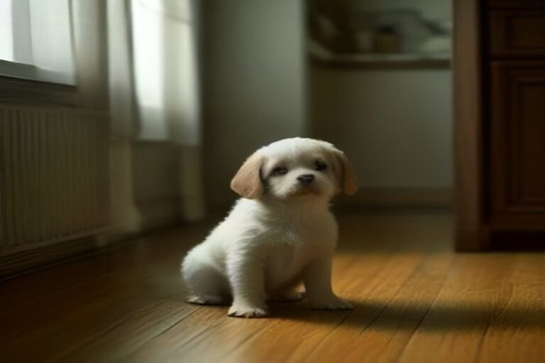 A puppy standing, looking unwell